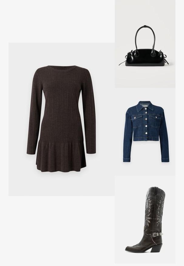 Mørk denim cropped jakke med spids krave, sølvknapper og to brystlommer med klapper. Glat tekstur med subtile syninger.; Ribbet brun kjole med lange ærmer, der har en flagrende kant. Lavet af et blødt, tekstureret materiale, der giver en tætsiddende silhuet.; Sort læder cowboystøvle med dekorative udskæringer, sølvspænde og skrå hæl, vist på hvid baggrund.; Lille sort blank håndtaske med to lange håndtag og snøre-detaljer i siden på en ensfarvet lys baggrund.