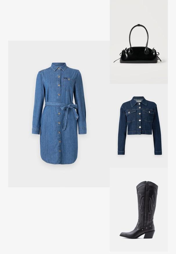 Chaqueta recortada de mezclilla oscura, con un cuello puntiagudo, botones plateados y dos bolsillos en el pecho con solapas. Textura suave con sutiles detalles de costura.; Vestido de camisa de denim con mangas largas, botones en el frente, bolsillo en el pecho y cinturón atado en la cintura en un lavado azul medio.; Botas vaqueras de cuero negro con puntera puntiaguda, costuras visibles, detalles de tachuelas plateadas y cierre de cremallera en el lado interior.; Pequeño bolso negro brillante con dos asas largas y detalles de cordón lateral sobre un fondo claro liso.