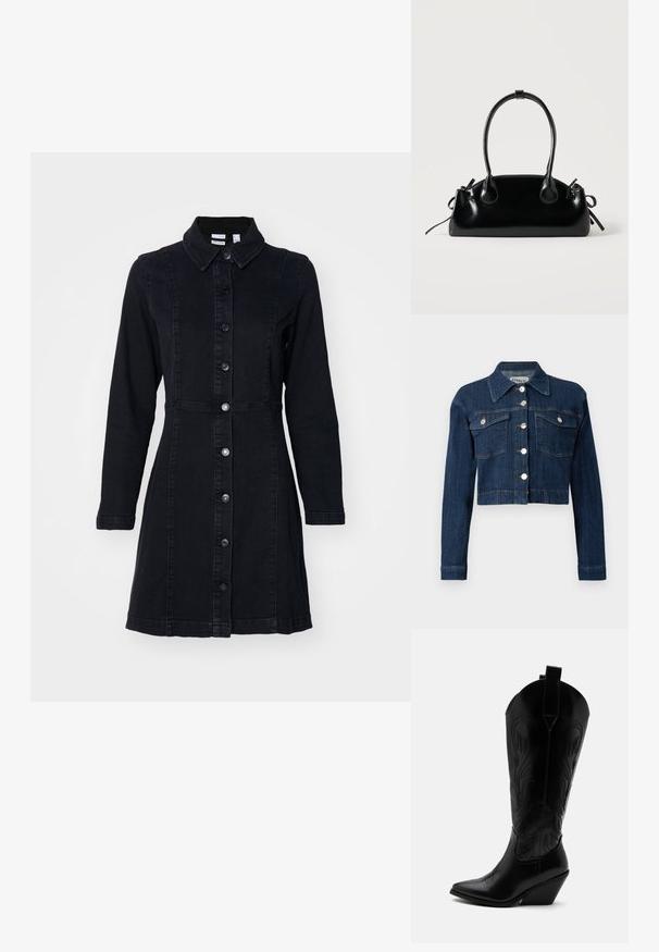Mørk denim cropped jakke med spids krave, sølvknapper og to brystlommer med klapper. Glat tekstur med subtile syninger.; Sort denimkjole med krave, lange ærmer og knapper foran. Har en tætsiddende talje og en udvidet nederdel. Glat tekstur.; Sort læder cowboystøvle med spidst tåparti, skråt blokhælhæl, dekorative sømme og trækstropper øverst mod hvid baggrund.; Lille sort blank håndtaske med to lange håndtag og snøre-detaljer i siden på en ensfarvet lys baggrund.