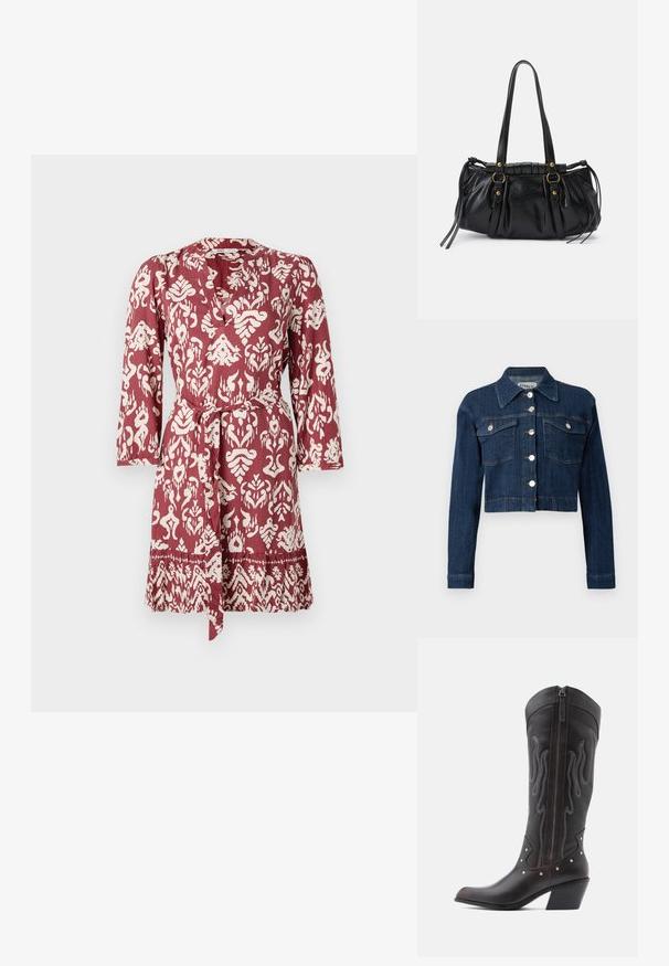 Veste cropped en denim foncé, avec un col pointu, des boutons argentés et deux poches poitrine avec rabats. Texture lisse avec des détails de couture subtils.; Robe à motifs rouges et blancs avec une taille à nouer, des manches longues et un décolleté en V. Présente un design floral et géométrique complexe.; Bottes de cowboy en cuir marron avec surpiqûres en forme de flammes, fermeture éclair latérale, clous argentés, bout pointu et talon superposé.; Sac à main en cuir noir avec une forme arrondie, deux poignées, des accents en matériel décoratif et des détails de liens sur les côtés. Texture lisse et brillante.