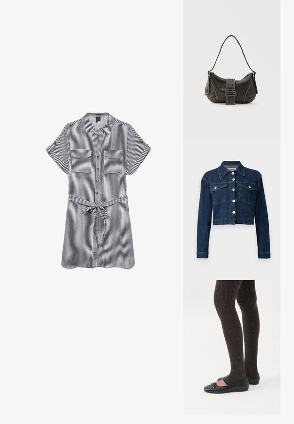 Donker denim cropped jack, met een puntige kraag, zilveren knopen en twee borstzakken met kleppen. Glad textuur met subtiele stikseldetails.; Adembenemend button-up shirt in marineblauw en witte verticale strepen. Heeft twee borstzakken, korte mouwen en een strikriem in de taille.; Benen met donkere geribbelde leggings gecombineerd met zwarte ballerina's met kleine strikdetails op een witte achtergrond.; Zwarte leren schoudertas met gespsluiting aan de riem, afgeronde hoeken en contrasterende witte stiksels op een effen achtergrond.