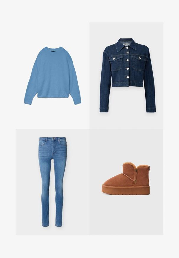 Mørk denim cropped jakke med spids krave, sølvknapper og to brystlommer med klapper. Glat tekstur med subtile syninger.; Lyseblå strikket sweater med rund halsudskæring, drop shoulder design og ribstrikkede manchetter og søm. Blød tekstur, afslappet pasform.; Lyseblå skinny jeans med høj talje, for- og baglommer, forreste knap og lynlås, vist på en ensfarvet hvid baggrund.; Brun ruskind ankelstøvle med platformsål, lynlås i siden og pelsforet synligt ved den øverste kant.