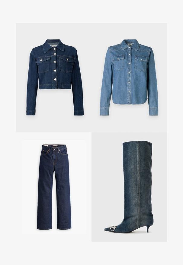 Veste cropped en denim foncé, avec un col pointu, des boutons argentés et deux poches poitrine avec rabats. Texture lisse avec des détails de couture subtils.; La chemise en denim présente une teinte bleu clair, un col classique et deux poches poitrine. Elle est dotée de boutons-pression et de manches longues avec des poignets à boutons.; Jeans en denim droit bleu foncé avec cinq poches, surpiqûres orange et fermeture à boutons.; Botte montante en denim jusqu'au genou avec un bout pointu, des accents en métal argenté, un petit talon fin et une finition lisse et texturée.