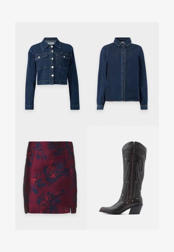 Veste cropped en denim foncé, avec un col pointu, des boutons argentés et deux poches poitrine avec rabats. Texture lisse avec des détails de couture subtils.; Chemise en jean bleu foncé avec un col classique, des boutons sur le devant et des manches longues avec des poignets froncés. Présente des coutures contrastantes sur l'ensemble.; Jupe à motif floral bourgogne avec des accents bleu marine, fabriquée en tissu lisse. Présente des fentes latérales et un motif floral texturé sur l'ensemble.; Bottes de cowboy en cuir marron avec surpiqûres en forme de flammes, fermeture éclair latérale, clous argentés, bout pointu et talon superposé.