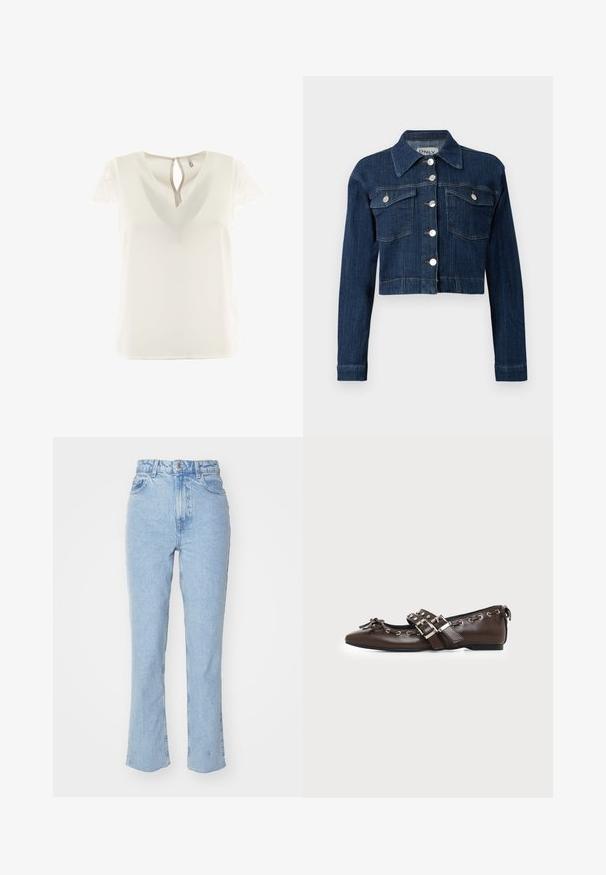 Veste cropped en denim foncé, avec un col pointu, des boutons argentés et deux poches poitrine avec rabats. Texture lisse avec des détails de couture subtils.; Blouse blanche avec un décolleté en V et des manches courtes en dentelle. Le dos présente une ouverture en forme de goutte. Tissu léger et texture lisse.; Jean taille haute bleu clair en denim. Design à jambe droite avec poches standard et fermeture à bouton à l'avant. Texture légèrement délavée.; Chaussure plate en cuir marron foncé avec bout pointu, doubles brides à boucles argentées, œillets métalliques et nœud décoratif à l'avant.