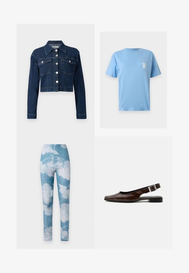 Mørk denim cropped jakke med spids krave, sølvknapper og to brystlommer med klapper. Glat tekstur med subtile syninger.; Lyseblå T-shirt med korte ærmer og rund hals med lille hvid koala grafik og tekst på venstre bryst.; Leggings med en blå denim baggrund og hvide sky mønstre. Stoffet synes strækbart med en tætsiddende design og ankel længde.; Mørkebrun læderslingback flad sko med firkantet tå, krokodille tekstur og sølvspænde på remmen.