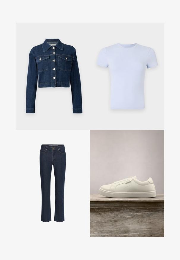Tumman denim-kroppinen takki, jossa on terävä kaulus, hopeanväriset napit sekä kaksi rintataskua läpillä. Sujuva rakenne hienovaraisilla tikkaus yksityiskohdilla.; Good American SUPER STRETCH BABY TEE - T-paita - periwinkle; Tumman siniset suorat farkut, joissa on etutaskut, vyölenkit ja napin sulkeminen.; Valkoinen nahkakenkä nauhoilla leijuu puupenkkiä yllä, taustalla on epätarkkaa vihreää pitkää ruohoa ulkona.