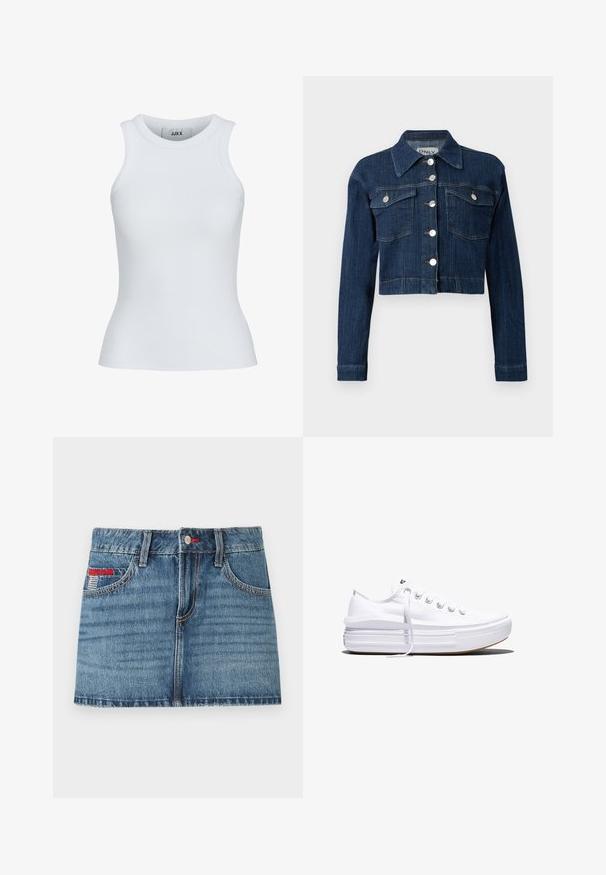Dunkelblaue, taillierte Jeansjacke mit spitzem Kragen, silbernen Knöpfen und zwei aufgesetzten Brusttaschen mit Klappen. Glatte Textur mit dezenten Nähdetails.; Weißes, geripptes Tanktop mit runder Ausschnittform und ärmellosem Design. Hat eine Slim-Fit-Passform und eine weiche Textur, ideal zum Lagenlook.; Jeans-Minikleid in mittlerem Blau mit verblasster Textur, fünf Taschen und roten Nähakzenten. Verfügt über einen Knopfverschluss und Gürtelschlaufen.; Weißer Canvas-Sneaker mit niedrigem Schnitt, dicker Plateau-Sohle, vorderer Schnürung und rauer Gummikappe an der Spitze, aus seitlicher Ansicht gezeigt.