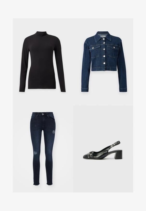 Mørk denim cropped jakke med spids krave, sølvknapper og to brystlommer med klapper. Glat tekstur med subtile syninger.; Sort tætsiddende top med lange ærmer og høj krave, vist på en ensfarvet lys grå baggrund.; Mørkeblå skinny jeans lavet af denim, med slidte knædetaljer, en skræddersyet kant, fem lommer og knaplukning.; Sorte læder slingback hæl med spids tå, tekstureret rem med cirkulære metalliske accenter, og en stablet blokhæl.