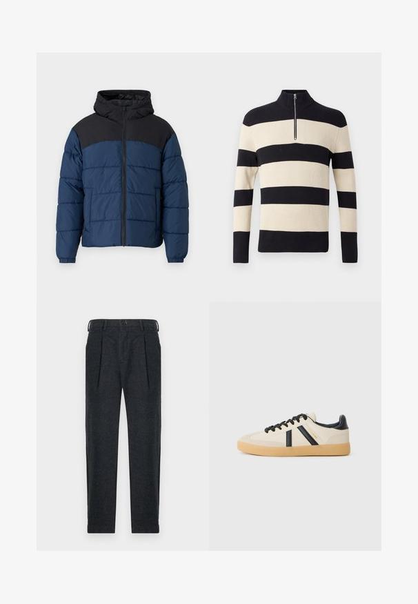 Marineblå pufferjakke med sorte skuldre, der har en frontlynlås, hætte og elastiske manchetter. Vandsækkende materiale med quiltet struktur.; Sort og beige stribet ribstrik sweater med lange ærmer og en kort sølvlynlås ved den høje krave.; Grå uld-blandede bukser med to frontindfoldninger, bæltestropper, sidelommer og knaplukning. Lige ben-design med en glat tekstur.; Casual sneakers i creme med sorte striber, med en tekstureret overdel og sål i gummigummi. Snørebåndene er sorte. Diskret logo på siden.