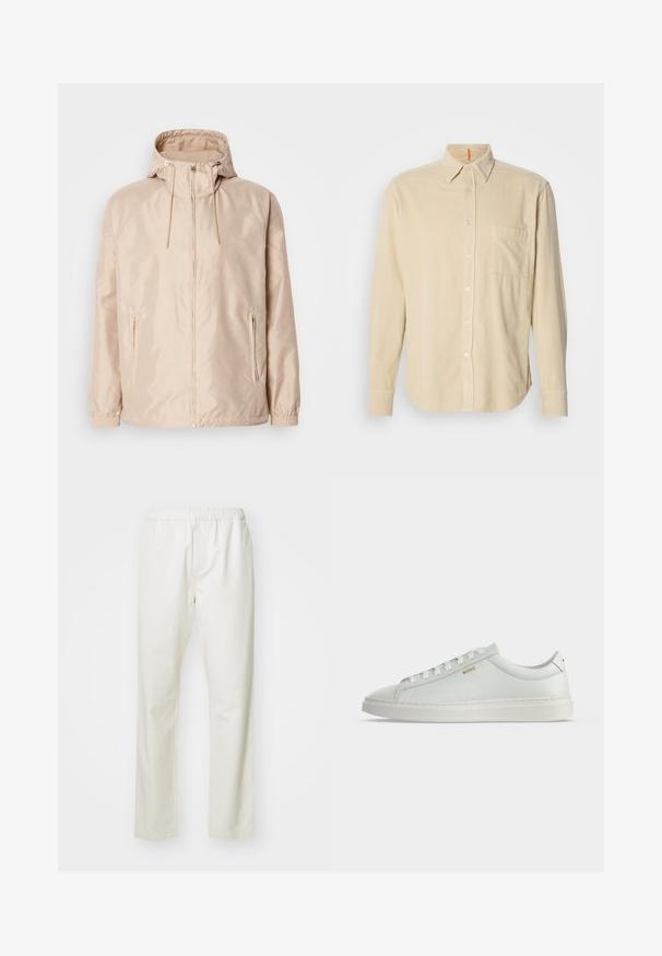 Veste légère beige avec une capuche, dotée d'une fermeture éclair intégrale, de deux poches latérales, de poignets élastiques et d'un subtil motif de logo en relief.; Chemise en velours côtelé beige à manches longues avec col, poche avant, fermeture à boutons et texture de lignes verticales. Ourlet arrondi et poignets à boutons.; Pantalons en coton blancs avec une taille élastique et une conception à jambe droite, présentant une texture lisse et sans motifs ni accents visibles.; Baskets basses blanches en cuir avec lacets, semelle plate et petit logo doré "BOSS" sur le côté, vues de l'extérieur.