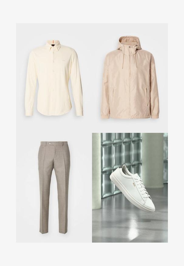 Veste légère beige avec une capuche, dotée d'une fermeture éclair intégrale, de deux poches latérales, de poignets élastiques et d'un subtil motif de logo en relief.; Chemise à manches longues, boutonnée, en coton beige clair ; dotée d'un col classique et d'un petit logo sur le côté supérieur gauche de la poitrine.; Pantalons taillés beiges avec une finition en relief, dotés d'une fermeture à bouton et de deux poches latérales. Design structuré avec une silhouette à jambe droite.; Baskets basses en cuir blanc avec lacets, languette de talon noire et logo « BOSS », flottant à l'intérieur près d'un mur en blocs de verre et d'un sol poli.