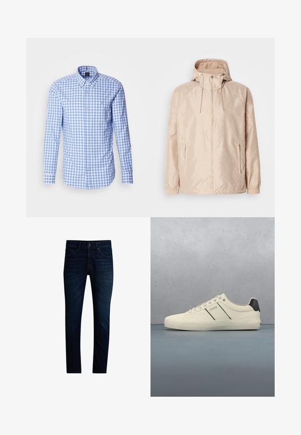 Beige Leichte Jacke mit Kapuze, ausgestattet mit einem durchgehenden Reißverschluss, zwei seitlichen Taschen, elastischen Bündchen und einem subtilen, geprägten Logo-Muster.; Karobluse in Blau und Weiß mit langen Ärmeln, Button-Down-Kragen und Logo-Stickerei auf der Brust. Aus glattem Baumwollmaterial.; Dunkelblaue Slim-Fit-Jeans mit Vorderknopf- und Reißverschluss, Fünf-Taschen-Design und leichtem Used-Look an den Oberschenkeln.; Cremfarbene Sneaker mit glatter Oberfläche, die schwarze Akzente und Markenlogo aufweisen. Klassisches Schnürdesign mit runder Zehenform und Gummisohle.