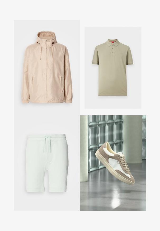 Beige Leichte Jacke mit Kapuze, ausgestattet mit einem durchgehenden Reißverschluss, zwei seitlichen Taschen, elastischen Bündchen und einem subtilen, geprägten Logo-Muster.; Hellbeiges Polohemd mit kurzen Ärmeln, drei Knöpfen und kleinem "HUGO"-Logo auf der linken Brust.; Helle mintgrüne Baumwollshorts mit elastischem Bund, verstellbarem Kordelzug, seitlichen Taschen und Logodetail am rechten Bein.; Beige und weiße Wildleder-Sneaker mit Schnürsenkeln und „BOSS“-Logo, schwebend über einem polierten Betonboden mit Glasbausteinwänden im Hintergrund.