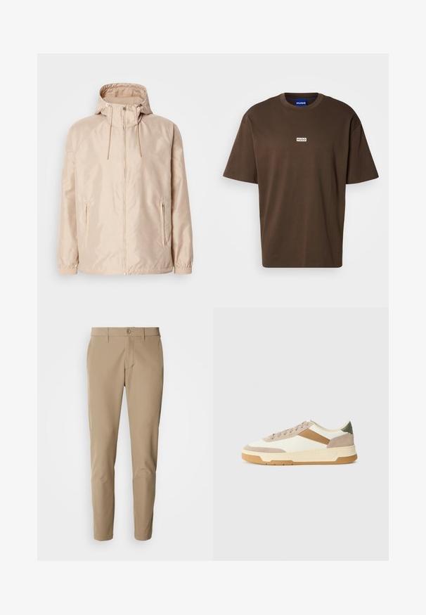 Beige Leichte Jacke mit Kapuze, ausgestattet mit einem durchgehenden Reißverschluss, zwei seitlichen Taschen, elastischen Bündchen und einem subtilen, geprägten Logo-Muster.; Braunes Baumwoll-T-Shirt mit kurzen Ärmeln und rundem Ausschnitt. Auf der Vorderseite befindet sich ein kleines weißes rechteckiges Logo mit der Aufschrift "HUGO".; Beige Hose aus glattem Stoff mit geradem Schnitt, ausgestattet mit einem Knopfverschluss und frontalen Taschen, ergänzt durch Gürtelschlaufen.; Sneaker in Beige, Creme und Olivgrün, aus Wildleder und Leder, mit runder Zehenpartie, minimalistischem Design und Gummisohle.