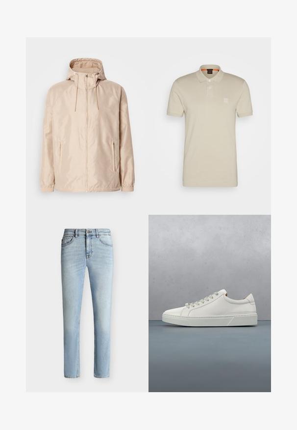 Beez värvi kerge jope kapuutsiga, täis- tõmblukuga, kahe küljetaskuga, elastsete mansettidega ning diskreetse reljeefse logoga.; Beige polo särk, mis on valmistatud pehmest kangast, millel on krae, kolm nuppu ja logo plekk vasakul rinnal. Lühikesed varrukad ja puhas disain.; Hele sinised kitsalt istuvad teksapüksid esiküljel nupu ja tõmblukuga, viie tasku disain ning nõrk pleekimine reiest põlveni.; Valge nahast tennis, millel on ümmargune varvas, minimalistlik disain, hallad paelad ja tekstureeritud hall kummitald. Näha on peeneid õmblusdetailide.