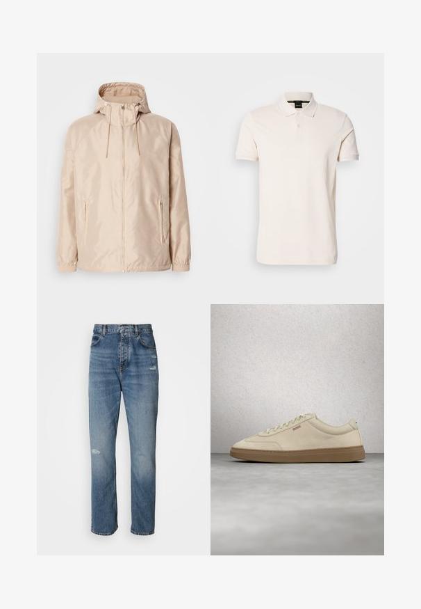 Veste légère beige avec une capuche, dotée d'une fermeture éclair intégrale, de deux poches latérales, de poignets élastiques et d'un subtil motif de logo en relief.; Polo en couleur crème, fabriqué en tissu lisse, avec un col classique, deux boutons et des détails de logo subtils sur la poitrine.; Jean en denim bleu clair au design droit, avec une fermeture à bouton et zip, cinq poches et des détails usés près des genoux.; Baskets en daim beige clair avec une semelle en caoutchouc gomme, des lacets prononcés et des détails de couture subtils. Design épuré avec une esthétique minimaliste.