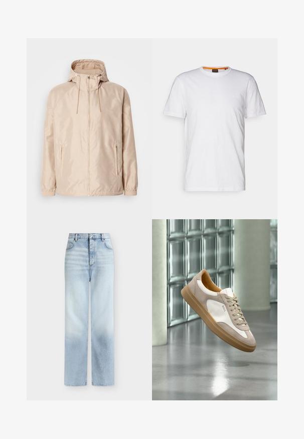 Veste légère beige avec une capuche, dotée d'une fermeture éclair intégrale, de deux poches latérales, de poignets élastiques et d'un subtil motif de logo en relief.; T-shirt en coton blanc avec un col rond, des manches courtes et un logo en relief subtil sur la poitrine. L'étiquette intérieure a une touche d'orange.; Jeans bleu clair taille haute à jambes droites, avec poches avant, passants de ceinture et fermeture par bouton.; Baskets beige et blanches avec semelle marron clair et logo « BOSS », suspendues au-dessus d’un sol lisse et réfléchissant avec un mur en parpaings de verre en arrière-plan.