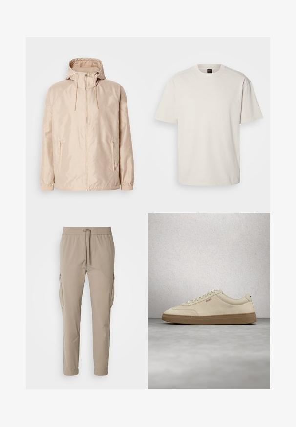 Chaqueta ligera color beige con capucha, que cuenta con cierre completo, dos bolsillos laterales, puños elásticos y un sutil patrón de logo en relieve.; Camiseta de manga corta y cuello redondo en algodón color blanco roto, con un corte recto y un logo minimalista en el cuello. Textura suave, sin patrones.; Pantalones cargo beige con cintura elástica y cordón. Presenta bolsillos laterales y un diseño de pierna ajustada, fabricados en tela ligera.; Zapatilla de ante beige claro con suela de goma color caramelo, cordones prominentes y detalles de costura sutiles. Diseño limpio con una estética minimalista.