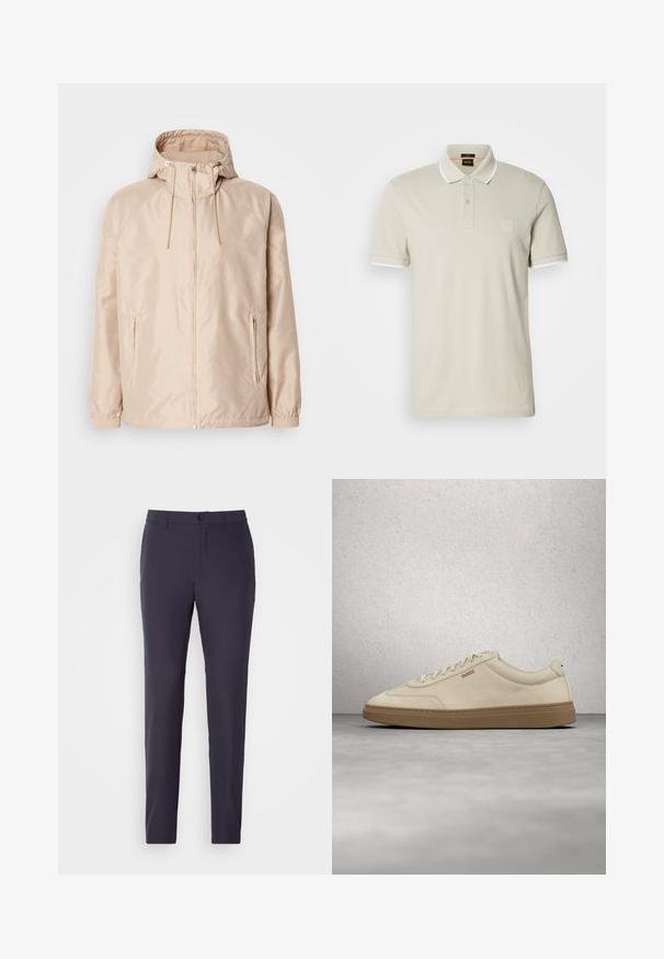 Veste légère beige avec une capuche, dotée d'une fermeture éclair intégrale, de deux poches latérales, de poignets élastiques et d'un subtil motif de logo en relief.; Polo beige clair en coton. Présente un col classique, une patte à deux boutons et des poignets blancs contrastants. Comprend un écusson logo.; Pantalon marine à coupe droite, fabriqué dans un tissu lisse. Il dispose d'une fermeture à bouton, de poches latérales et d'un devant plat.; Baskets en daim beige clair avec une semelle en caoutchouc gomme, des lacets prononcés et des détails de couture subtils. Design épuré avec une esthétique minimaliste.
