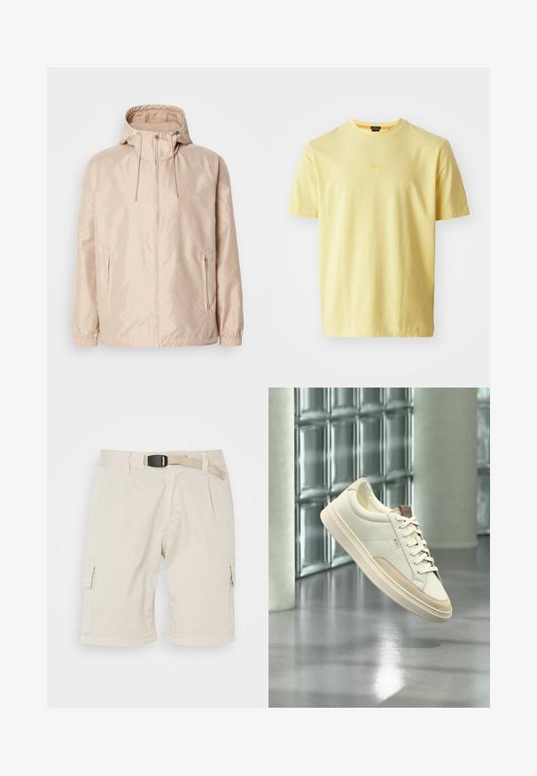 Chaqueta ligera color beige con capucha, que cuenta con cierre completo, dos bolsillos laterales, puños elásticos y un sutil patrón de logo en relieve.; Camiseta de algodón color amarillo claro con cuello redondo y mangas cortas. Presenta un sutil logo "BOSS" en el centro. Textura suave, corte casual.; Pantalones cortos de carga beige con un frente plano, lazos para cinturón, pliegues, bolsillos laterales y una tela texturizada. La longitud llega hasta la mitad del muslo.; Zapatilla blanca de perfil bajo con detalles y cordones beige, con la marca "BOSS", flotando sobre un suelo pulido con una pared de bloques de vidrio al fondo.