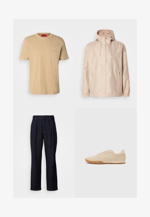 Veste légère beige avec une capuche, dotée d'une fermeture éclair intégrale, de deux poches latérales, de poignets élastiques et d'un subtil motif de logo en relief.; T-shirt en coton beige avec un col rond, des manches courtes et un petit logo blanc "HUGO" sur la poitrine. Texture lisse sans motifs.; Jean en denim large à jambes bleues foncées avec des plis devant et des coutures orange, présenté sur fond blanc.; Baskets en daim beige au design épuré, présentant une tige texturée, un bout rond et une semelle en caoutchouc avec un motif en zigzag.