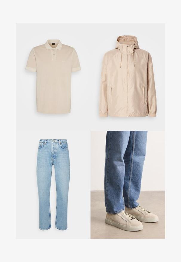 Beige Leichte Jacke mit Kapuze, ausgestattet mit einem durchgehenden Reißverschluss, zwei seitlichen Taschen, elastischen Bündchen und einem subtilen, geprägten Logo-Muster.; Beige Poloshirt aus weicher Baumwolle. Es verfügt über einen klassischen Kragen, zwei Knöpfe und ein kleines gesticktes Logo auf der Brust.; Hellblaue Jeans aus Denim mit geradem Schnitt, hoher Taille, fünf Taschen-Design und sichtbaren Nähten an den Nähten und Säumen.; BOSS GARYTENN_SDHDEL - Sneaker low - natural ten