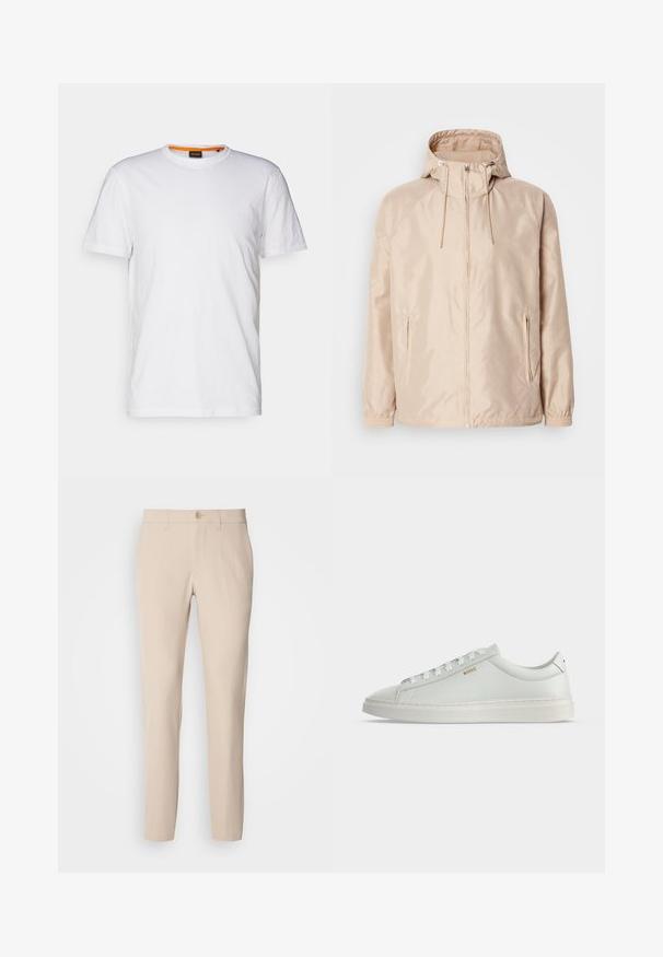 Chaqueta ligera color beige con capucha, que cuenta con cierre completo, dos bolsillos laterales, puños elásticos y un sutil patrón de logo en relieve.; Camiseta de algodón blanca con cuello redondo, mangas cortas y un sutil logo en relieve en el pecho. La etiqueta interior tiene un acento naranja.; Pantalones beige hechos de una tela suave, con cierre de botón, corte recto y bolsillos laterales. Textura suave con detalles de costura mínimos.; Zapatilla blanca de cuero de corte bajo con cordones, suela plana y pequeño logo dorado "BOSS" en el lateral, vista desde el lado exterior.