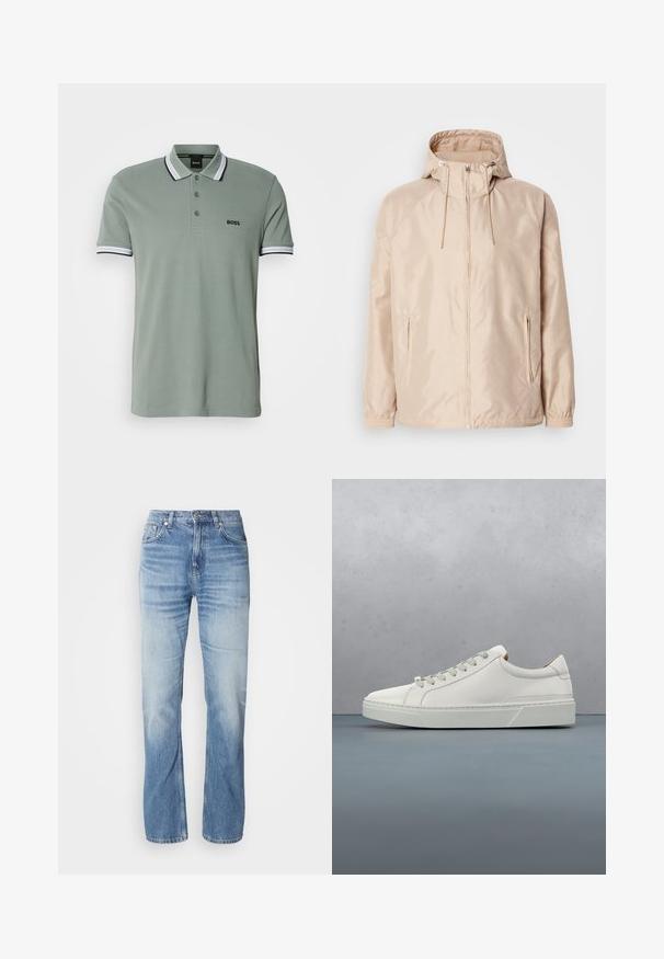 Beige Leichte Jacke mit Kapuze, ausgestattet mit einem durchgehenden Reißverschluss, zwei seitlichen Taschen, elastischen Bündchen und einem subtilen, geprägten Logo-Muster.; Hellgrünes Poloshirt mit klassischem Kragen, drei-Knopf-Leiste und gestreiften Akzenten an den Ärmeln. "BOSS"-Logo auf der Brust.; Hellblaue Jeans aus Denim mit geradem Bein, verblasstem Finish, fünf Taschen und Knopfverschluss. Klassisches Design und mittlere Dicke.; Weißes Leder-Sneaker mit abgerundetem Zehenbereich, minimalistisches Design, graue Schnürsenkel und einer strukturierten grauen Gummisohle. Dezente Nähte sichtbar.