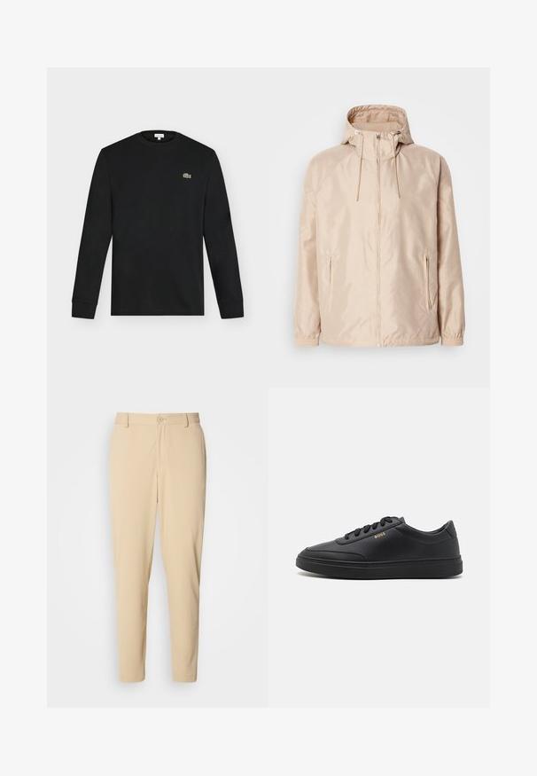 Beige Leichte Jacke mit Kapuze, ausgestattet mit einem durchgehenden Reißverschluss, zwei seitlichen Taschen, elastischen Bündchen und einem subtilen, geprägten Logo-Muster.; Schwarzes Langarmshirt mit Rundhalsausschnitt und kleinem grünen Krokodil-Logo auf der linken Brust, vor einem einfarbigen hellen Hintergrund dargestellt.; Beige, strukturierte Hose mit schmalem Schnitt, mit einem Frontknopfverschluss, Gürtelschnallen und seitlichen Taschen. Glatte Gewebeoberfläche.; Schwarze Leder-Sneaker mit glatter Textur, runder Zehenpartie, flacher Gummisohle und einfarbigen Schnürsenkeln. Mit goldfarbenem "BOSS" Logo an der Seite.