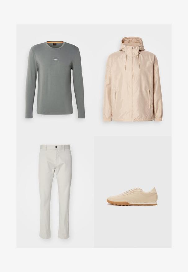 Veste légère beige avec une capuche, dotée d'une fermeture éclair intégrale, de deux poches latérales, de poignets élastiques et d'un subtil motif de logo en relief.; Chemise à manches longues en tissu gris clair, dotée d'un col rond et d'un petit logo blanc "BOSS" sur la poitrine, texture lisse avec des détails minimalistes.; Pantalons en coton beige avec une coupe droite, poches avant, fermeture à bouton et texture lisse.; Baskets en daim beige au design épuré, présentant une tige texturée, un bout rond et une semelle en caoutchouc avec un motif en zigzag.