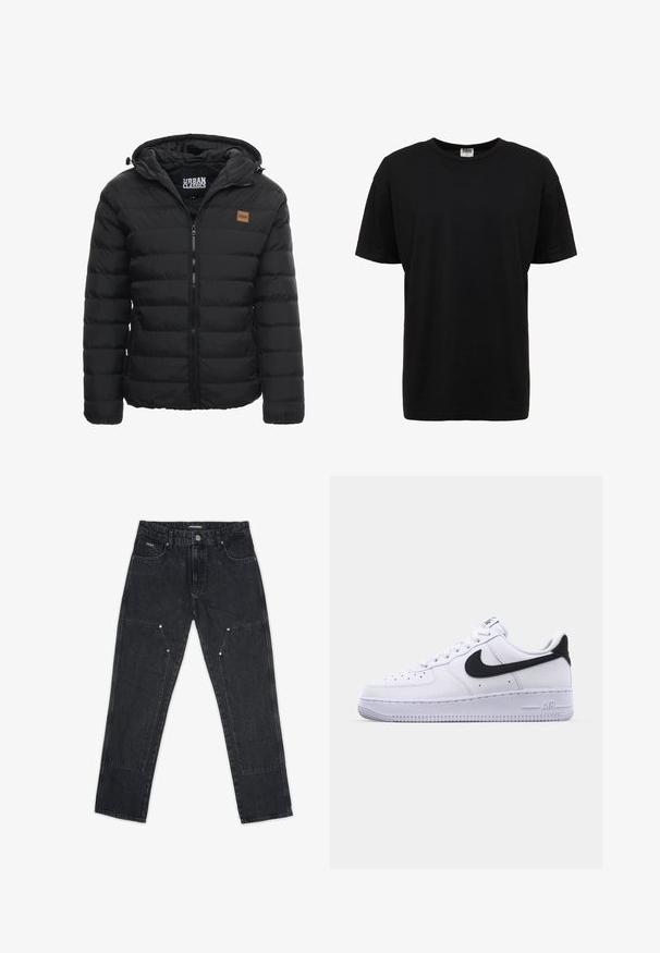 Schwarze Steppjacke mit Kapuze, ausgestattet mit einem Reißverschluss vorne, horizontalem Steppmuster und einem kleinen braunen Logo-Patch auf der Brust.; Schwarzes Baumwoll-T-Shirt mit Rundhalsausschnitt, kurzen Ärmeln, normaler Passform, glatter Textur und ohne sichtbare Muster oder Akzente.; Pegador VINTO CARPENTER - Carpenter Jeans - washed black; Weißes Leder-Sneaker mit einem strukturierten schwarzen Swoosh, flachen Schnürsenkeln und einer Gummisohle mit genoppetem Muster. "AIR" ist auf der Ferse eingeprägt.