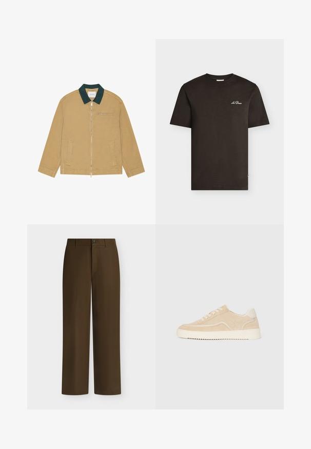 Veste beige zippée avec col vert foncé, deux poches avant et une poche poitrine horizontale zippée, posée à plat.; T-shirt noir à manches courtes avec petit logo blanc "Les Deux" sur la poitrine gauche, col rond, présenté sur un fond clair uni.; Pantalon marron droit avec passants de ceinture, fermeture avant par bouton et zip, présenté sur un fond clair uni.; Baskets en daim beige avec semelle et lacets blancs, design basse, et motif de semelle en zigzag.