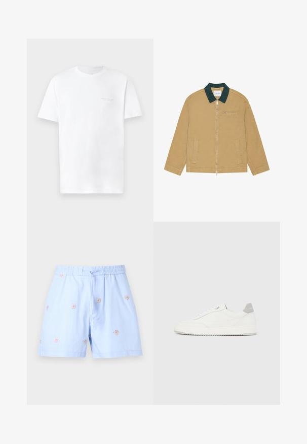Beige jas met rits, donkergroene kraag, twee voorzakken en één horizontale borstzak met rits, plat neergelegd.; Witte katoenen t-shirt met korte mouwen, ronde halslijn, met een subtiele grijze logo-afdruk op de linkerkant van de borst en een gladde textuur.; Lichtblauwe shorts met elastische tailleband en trekkoord, versierd met kleine verspreide bloemenborduursels.; Witte lage sneaker met grijze hielpatch, witte veters en een gestructureerde zool, gepresenteerd op een effen lichte achtergrond.