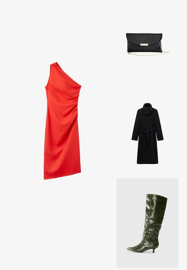 Schwarz melierter Wollmischmantel mit langen Ärmeln, hochgeschlossenem Kragen, verschluss durch Knöpfe vorne und passendem Taillengürtel. Hat einen geraden Schnitt und minimale Details.; Rotes knielanges Kleid mit einem Schulterträger und gerafftem Detail an der Seite, aus glattem Stoff.; Hohe, dunkelgrüne Stiefel aus Leder im Krokodilmuster mit spitzer Zehe und niedrigem Kittenheel, seitlich vor einem schlichten Hintergrund dargestellt.; Schwarze Clutch aus Kunstleder mit strukturiertem Krokodilmuster, einem magnetischen Druckverschluss und einem abnehmbaren goldfarbenen Kettenriemen.