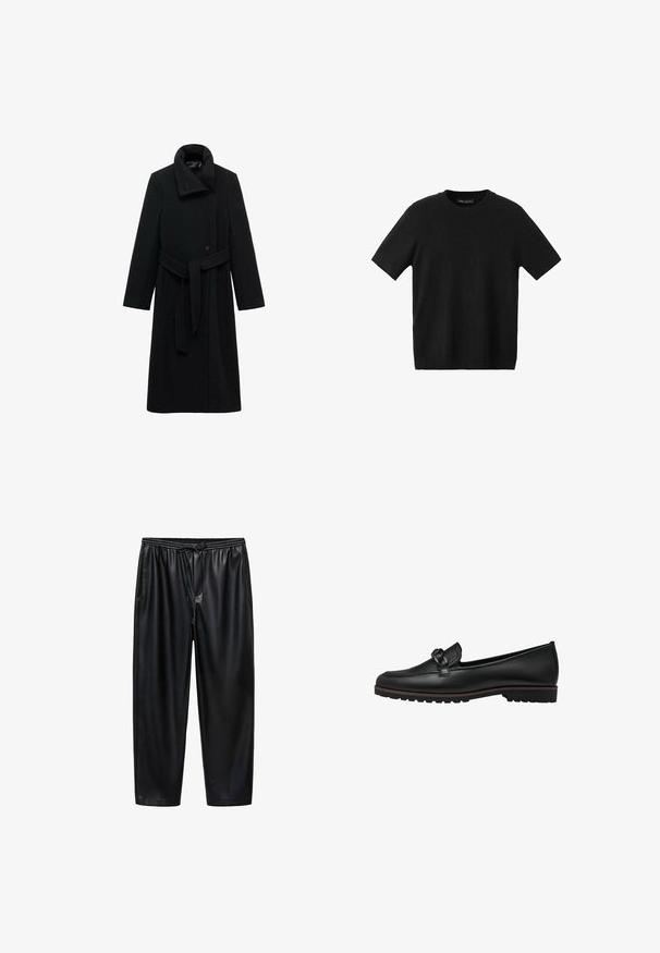 Zwarte wollen blend jas met lange mouwen, hoge kraag, sluiting met knopen aan de voorkant en een bijpassende tailleband. Heeft een rechte snit en minimale details.; Zwart, kort mouwbreisel t-shirt met een ronde hals, voorzien van een aansluitend ontwerp en een gladde textuur, geschikt voor informele kleding.; Zwarte, glanzende, synthetische broek met een elastische tailleband en trekkoord. Heeft een verkorte lengte en twee zijzakken. Glad textuur.; Zwarte leren instapschoenen met een gevlochten accent voorop, vlakke rubberen zool en gestikte details langs de rand.