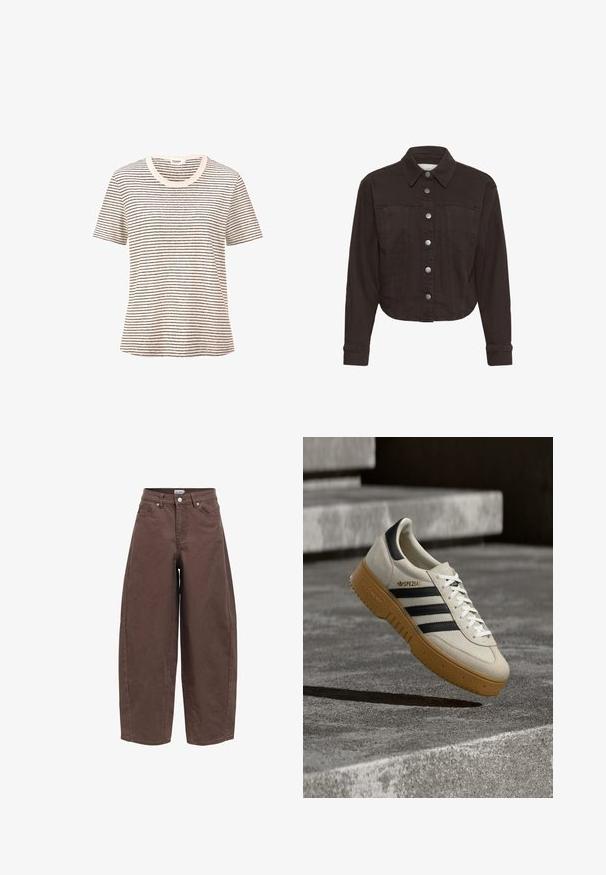 Chaqueta vaquera negra con mangas largas, botones a presión plateados en la parte delantera, bolsillos en el pecho y un cuello puntiagudo.; Camiseta de rayas en color crema con finas líneas negras horizontales. Mangas cortas, cuello redondo, textura suave, corte relajado.; Pantalones marrones de talle alto y piernas anchas con botón y cremallera delanteros, bolsillos delanteros y trabillas para cinturón, mostrados sobre un fondo blanco liso.; Zapatilla deportiva de ante beige con rayas negras, cordones blancos y suela de goma color caramelo. Presenta la marca "SPEZIAL" en el lateral.