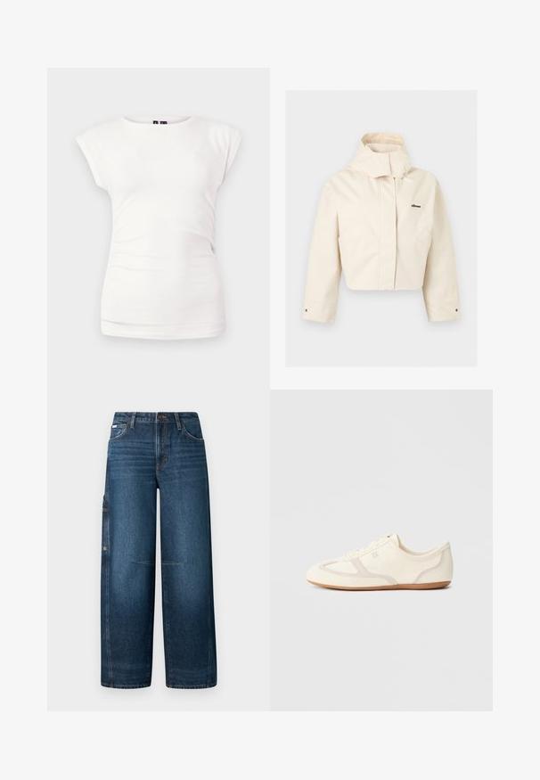 Veste courte couleur crème avec col montant, manches longues, poignets à boutons-pression et petit logo ellesse sur la poitrine gauche.; T-shirt blanc ajusté à manches courtes avec col rond sur fond uni, avec un léger détail froncé sur le côté.; Jean large en denim bleu foncé avec taille haute, cinq poches et fermeture à bouton. Présente des détails de couture discrets et une coupe décontractée.; Baskets couleur crème avec une tige en daim et tissu, un bout arrondi, et une semelle en caoutchouc avec un détail accent beige. Fermeture à lacets.