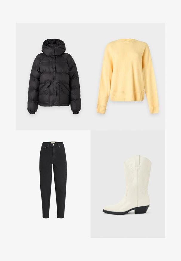 Schwarze Pufferjacke mit Kapuze, ausgestattet mit einem gesteppten Design, Druckknöpfen und zwei Fronttaschen. Elastische Bündchen und ein leicht verkürzter Schnitt.; Weicher gelber Langarmpullover mit geripptem Rundhalsausschnitt, Bündchen und Saum, auf schlichtem hellgrauem Hintergrund dargestellt.; Schwarze Jeans mit hohem Bund, schmal zulaufendem Bein, vorderem Knopf- und Reißverschluss, Vorder- und Gesäßtaschen sowie Metallnieten-Details.; Weißer Western-Stiefel in mittlerer Wadenhöhe mit spitzer Schuhspitze, schwarzem gestapeltem Absatz, dekorativen Nähten und Zuglasche an der Schaftseite.