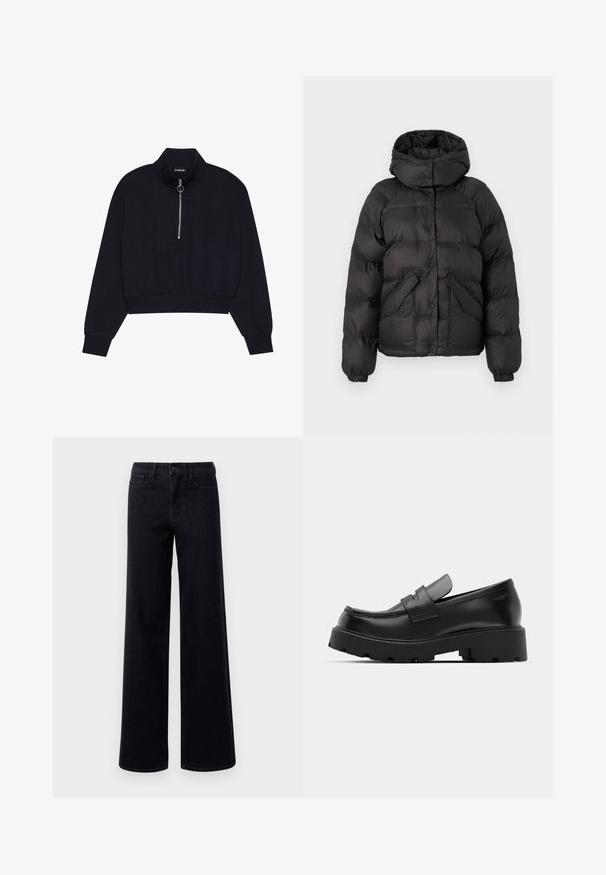 Schwarze Pufferjacke mit Kapuze, ausgestattet mit einem gesteppten Design, Druckknöpfen und zwei Fronttaschen. Elastische Bündchen und ein leicht verkürzter Schnitt.; Schwarzer, verkürzter Pullover aus weichem Stoff mit hohem Kragen, einem Frontreißverschluss mit silbernem Zug und gerippten Bündchen und Saum.; Schwarze Denim-Jeans mit weitem Bein und hoher Taille, ausgestattet mit normalen Taschen und einem Knopfverschluss. Glatte Textur mit leichtem Stretch.; Schwarze Leder-Loafers mit einer chunky strukturierten Sohle, ausgestattet mit einem Riemen über dem Spann und einer glatten, polierten Oberfläche.