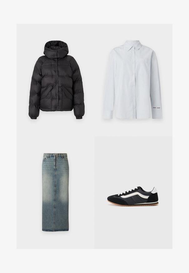Sort pufferjakke med hætte, der har et quiltet design, trykknapper og to forlommer. Elastiske manchetter og en let cropped pasform.; Lyseblå stribet skjorte med knapper ned foran, spids krave, lange ærmer, brystlomme og broderede detaljer på manchetterne.; Denim midi nederdel i lys blåt med en falmet finish. Har en frontlynlås og knaplukning, lige snit og minimale syninger.; Sort atletisk sko med overdel i ruskind og tekstil, hvide detaljer, seks snørrehuller og gummisål. Elegant form med lav profil.