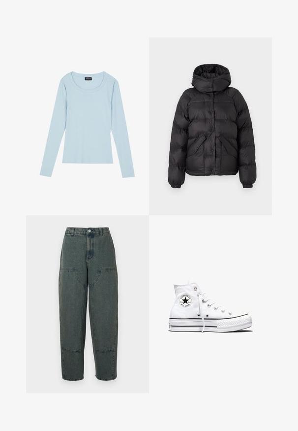 Sort pufferjakke med hætte, der har et quiltet design, trykknapper og to forlommer. Elastiske manchetter og en let cropped pasform.; Lyseblå langærmet ribbet top med rund halsudskæring og tætsiddende design. Blød tekstur med et subtilt mønster, der løber lodret.; Mørkeblå denimbukser med en afslappet pasform, der har sidelommer og kontrastsyninger. Stoffet har en let falmet tekstur.; Hvid højtop Converse Chuck Taylor All Star-sneaker med sort logo-patch og hvide snørebånd, vist på hvid baggrund.