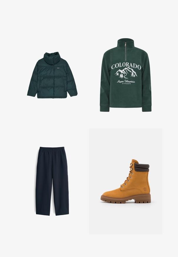 Dunkelgrüne Steppjacke mit hohem Kragen, seitlichen Taschen und kleinem weißen "ELEMENT CO."-Logo auf der linken Brust.; Grüner Fleece-Pullover mit einem Viertel-Reißverschluss am Hals, versehen mit einer weißen Grafik von Bergen und Bäumen sowie dem Text "COLORADO Aspen Mountain."; Marineblaue Hose aus glattem Stoff, mit elastischem Bund, zwei Seitentaschen und einem entspannten Schnitt mit geraden Beinen.; Braune und gelbe Wildlederstiefel mit gepolstertem Schaft, Metallösen und einer robusten Gummisohle mit tiefen Profilierungen für besseren Halt.