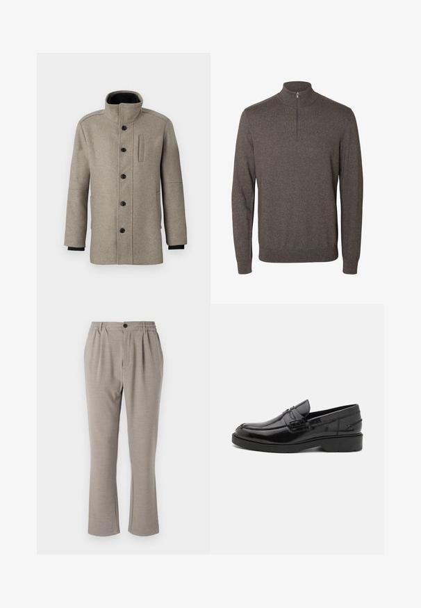 Lys grå uldfrakke med høj krave, frontlukning med knapper og en sidelomme. Har lange ærmer og en glat tekstur.; Langærmet brun sweater med halv lynlås krave og ribbet manchetter og kant på hvid baggrund.; Lyse grå bukser med en afslappet pasform, lavet af blødt stof, med elastisk talje, plisseringer og en enkelt knaplukning.; Sorte læder loafers med en glat finish, rund tå, lav hæl og dekorativ syning langs forsiden. Gummisål for godt greb.