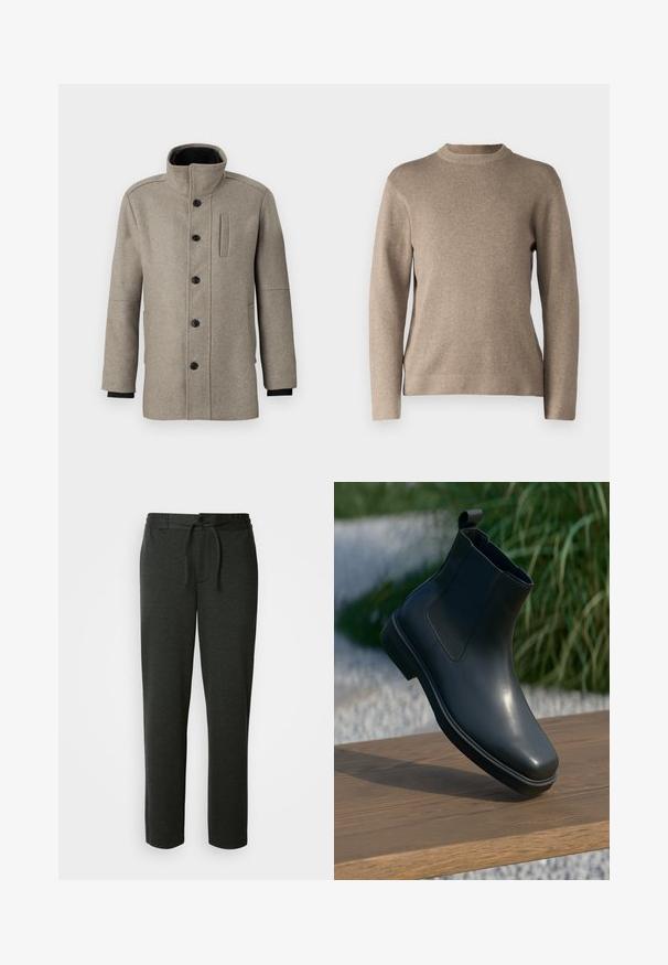 Lys grå uldfrakke med høj krave, frontlukning med knapper og en sidelomme. Har lange ærmer og en glat tekstur.; Beige striktrøje med rund hals, lange ærmer, ribbede manchetter og et blødt, tekstureret stof. Har et enkelt design og en afslappet pasform.; Mørkegrå sweatpants lavet af en blød bomuldsblanding. Har elastisk talje med snor og sidelommer. Lige ben-design.; Sort læder ankelstøvle med en glat overflade, elastiske sider og et løkkeagtigt trækstrop, der hviler på en træoverflade mod en sløret baggrund.