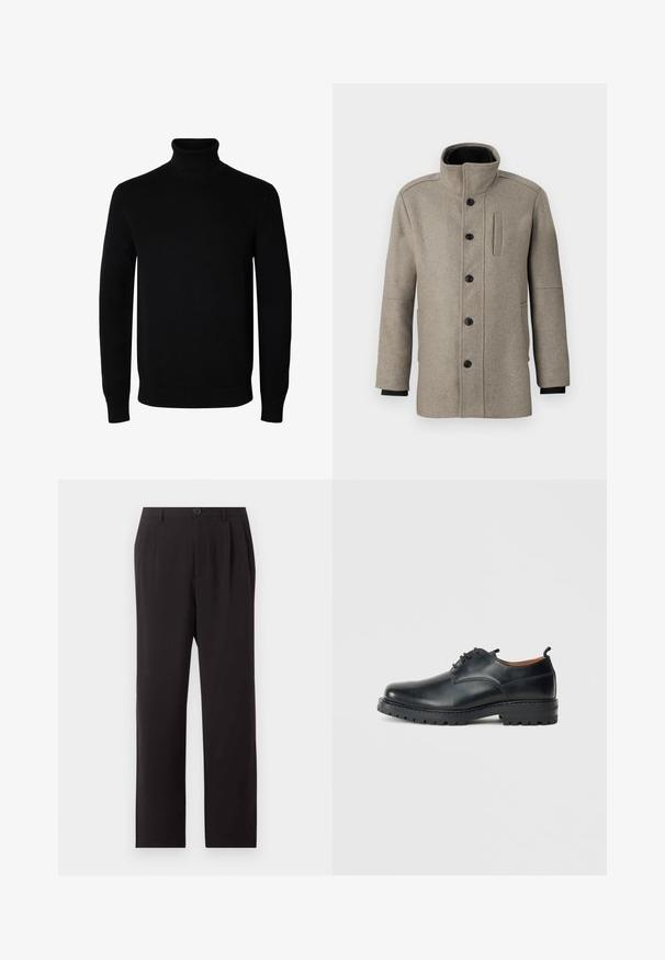 Lys grå uldfrakke med høj krave, frontlukning med knapper og en sidelomme. Har lange ærmer og en glat tekstur.; Sort langærmet rullekrave sweater med rib manchetter og kant, vist på en ensartet hvid baggrund.; Sorte højtaljede skræddersyede bukser med folder, knaplukning, bæltestropper og lige ben på en ensfarvet lys baggrund.; Sorte læder derby-sko med en glat overflade, rund tå, snøre-design og en tyk, robust gummisål.