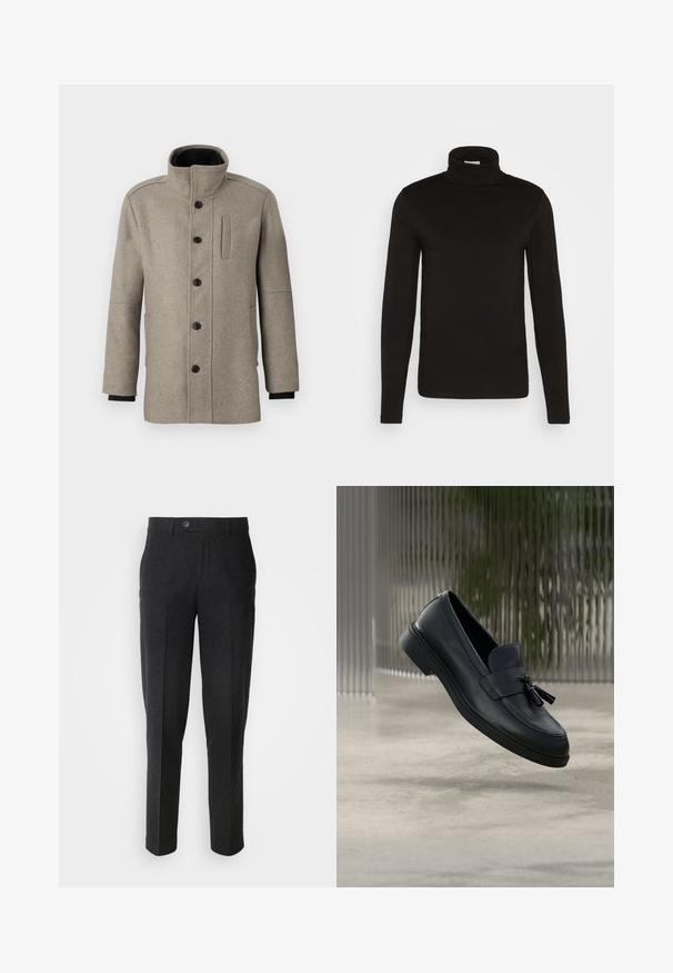 Lys grå uldfrakke med høj krave, frontlukning med knapper og en sidelomme. Har lange ærmer og en glat tekstur.; Sort turtleneck langærmet skjorte lavet af et glat stof med en tætsiddende design og en høj, tætsiddende krave. Ingen mønstre eller accenter synlige.; Lindbergh Bukser - black melange; Sorte læderloafers med en glat tekstur, en rundet tå og dekorative kvaster foran. Fleksibel gummisål med lav hæl.