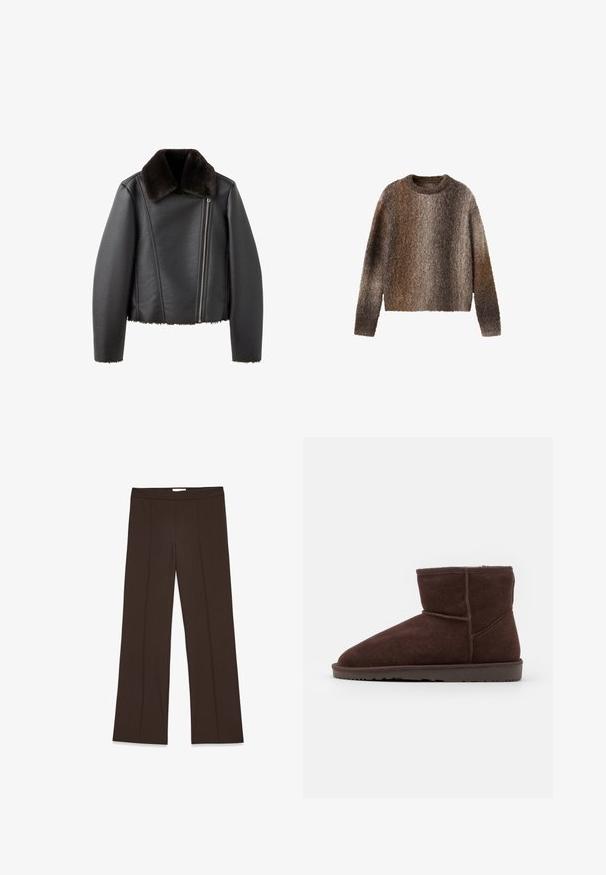 Chaqueta de cuero negra con cremallera frontal asimétrica y cuello de piel oscura y suave, mangas largas y ribete de piel en el dobladillo y los puños.; Jersey de manga larga y textura suave con un patrón en degradado que combina colores marrón, gris y beige, con cuello redondo y textura suave.; Pantalones marrones de pierna ancha confeccionados en una tela suave; presentan pliegues frontales y una cinturilla estándar. Diseño minimalista sin cierre visible.; Botas de ante marrón hasta el tobillo con puntera redondeada y un forro interior suave, que presentan una suela de goma plana y acentos de costura en tono similar.