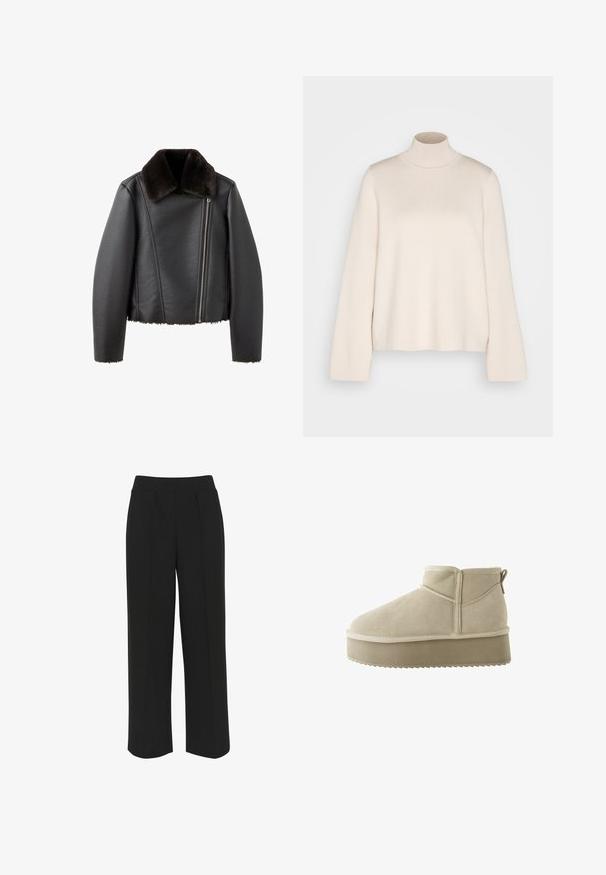 Chaqueta de cuero negra con cremallera frontal asimétrica y cuello de piel oscura y suave, mangas largas y ribete de piel en el dobladillo y los puños.; Jersey de cuello alto en color crema con mangas largas, confeccionado en un suave tejido de punto. Presenta un cuello ajustado y una silueta relajada. Sin patrones ni adornos visibles.; Pantalones de pierna ancha negros con una cinturilla plana, que presentan pliegues delanteros y una textura suave. Sin bolsillos ni herrajes visibles.; Botín de ante beige hasta el tobillo con punta redondeada y suela de plataforma gruesa. Presenta una pestaña para tirar y detalles de costura a lo largo de las costuras.
