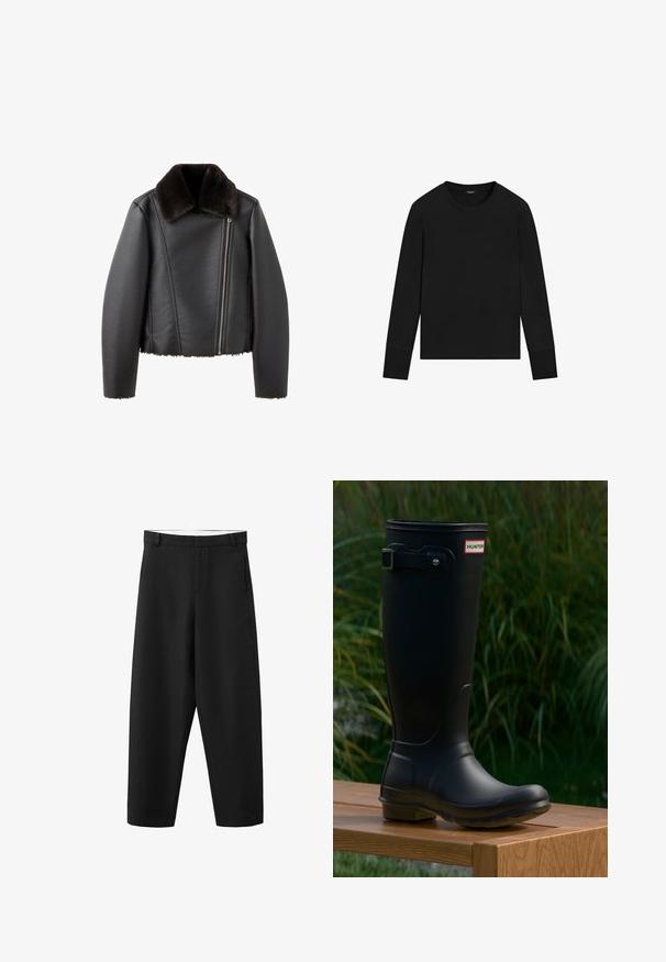 Zwarte leren jas met asymmetrische ritssluiting aan de voorkant en een donkerbruine zachte bontkraag, lange mouwen en bontafwerking aan zoom en manchetten.; Zwart shirt met lange mouwen en een ronde hals, met aansluitende manchetten en een eenvoudig, onversierd ontwerp op een witte achtergrond.; Zwarte rechte broek met lussen voor een riem, een voorrits en een strak, eenvoudig ontwerp dat geschikt is voor formeel of casual dragen.; Zwarte rubberen laars met een ronde neus en een gestructureerde zool. Voorzien van een gespdetail en een merketiket aan de bovenkant. Glad oppervlak en hoge ontwerp.
